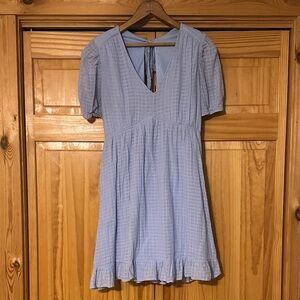 Light Blue Textured V-Neck Short Sleeve Dress